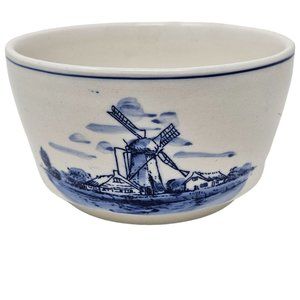 Vintage Delfts Handpainted Ceramic Bowl Windmill Boat White Blue 3" Tall 5" Wide